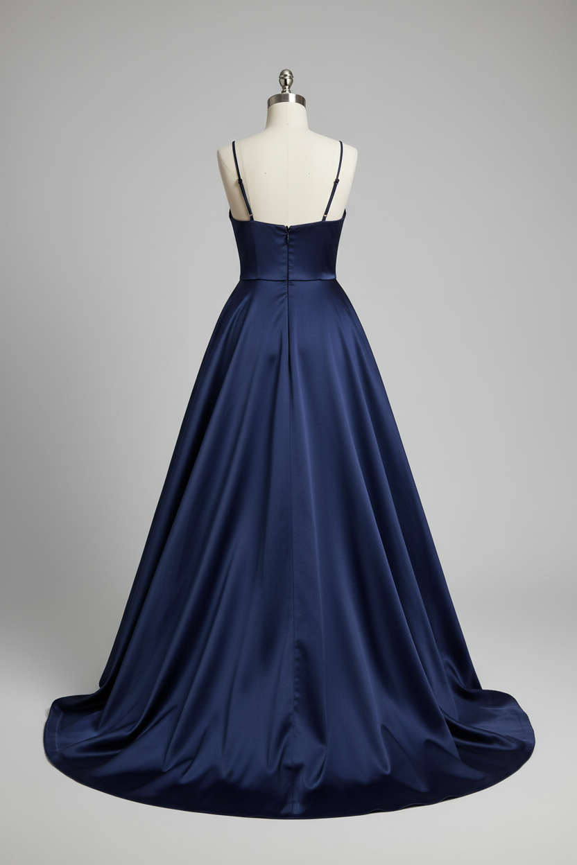 Navy Blue Satin Sweetheart Crisscross High Slit A-Line Bridesmaid Dress with Pockets - 12 Colors BMBRIDE