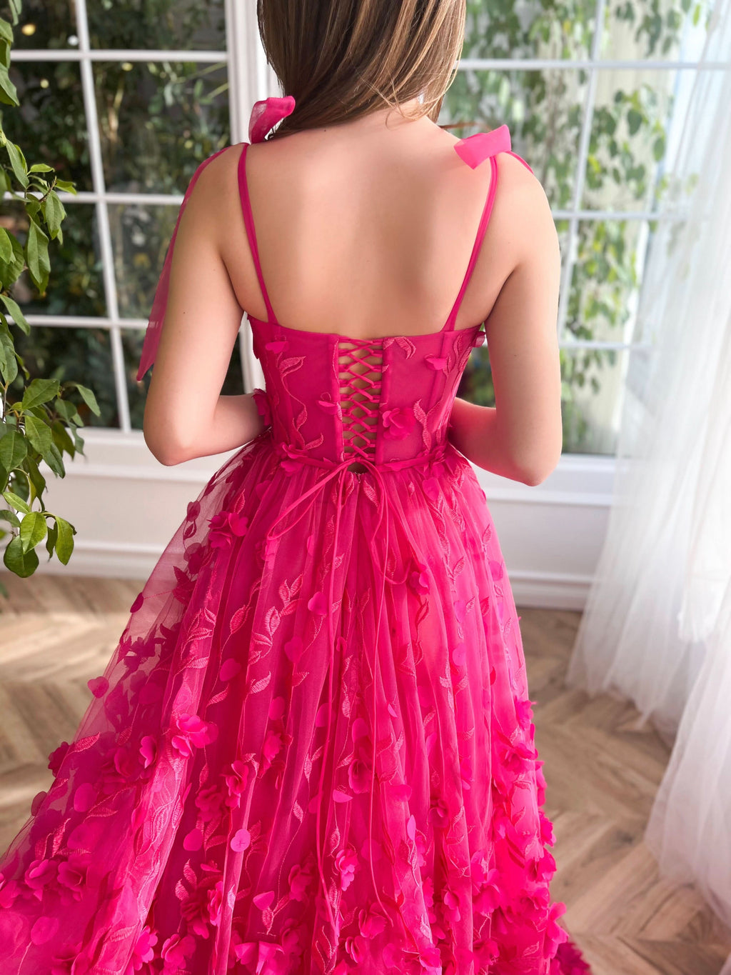 Graceful Fuchsia Elegant A-Line 3D Flower Lace Prom Dress With Slit BM bride