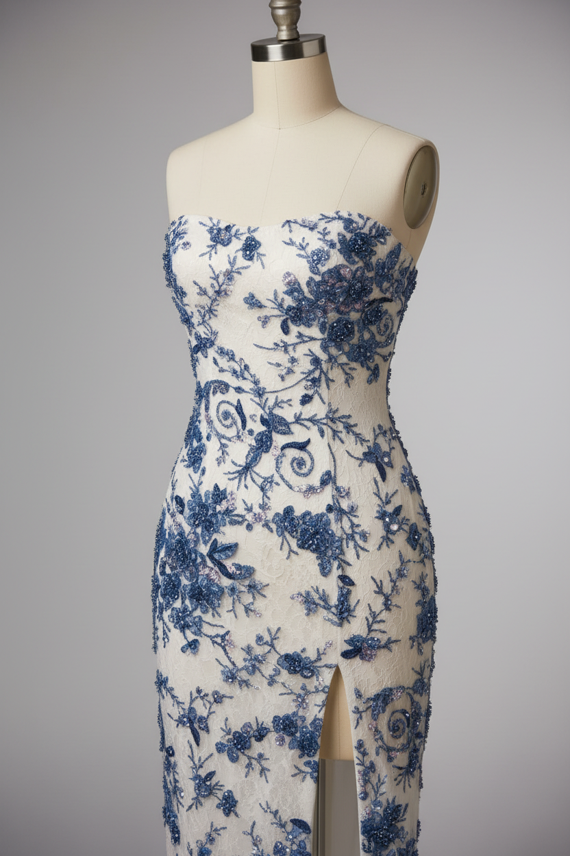 White Mermaid Prom Dress with Blue Floral Lace and Strappy Back BMBRIDE