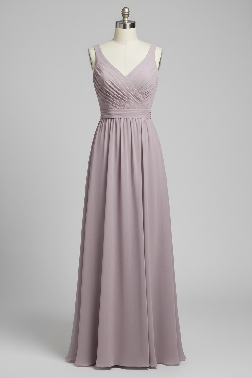 Dusty Rose Chiffon Pleated V-Neck A-Line Bridesmaid Dress - 20 Colors Available BMBRIDE