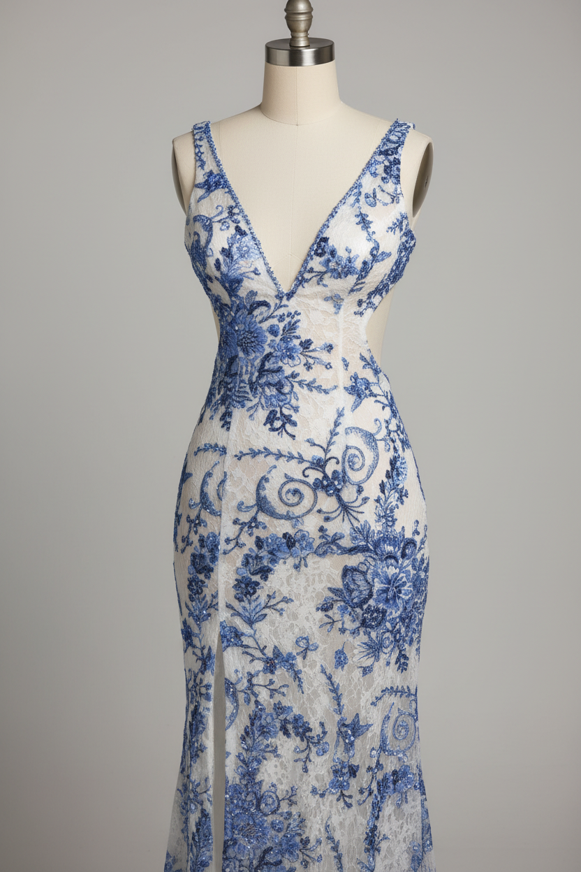 White Mermaid Prom Dress with Blue Floral Lace Embroidery and Cutout Waist BMBRIDE