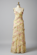Yellow floral print tiered ruffle prom dress - front view