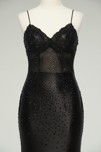 Black sheer mesh crystal beaded fitted evening gown - waist detail