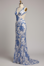 White Mermaid Prom Dress with Blue Floral Lace Embroidery and Cutout Waist BMBRIDE
