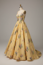 Yellow Floral Embroidered A-Line Ball Gown Prom Dress with Pearl Neckline and Open Back BMBRIDE