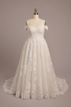 White lace off-shoulder A-line ball gown wedding dress - front view