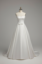 White pearl beaded corset A-line ball gown - front view
