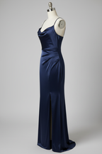 Navy Blue Satin Cowl Neck High Slit Sheath Bridesmaid Dress - 12 Colors Available BMBRIDE
