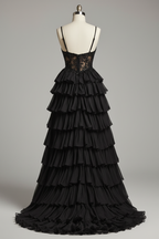 Black embellished lace tiered ruffle evening gown - back view