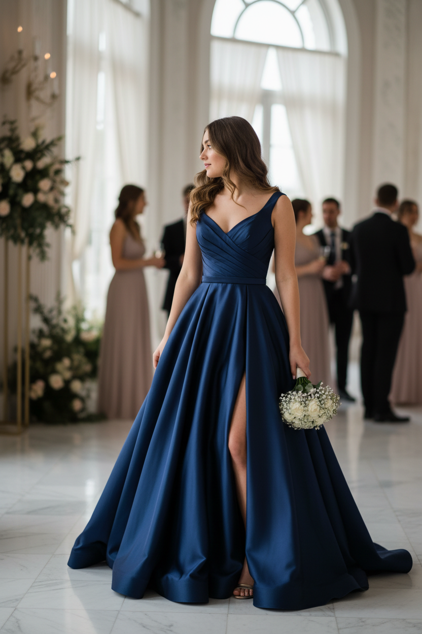 Navy Blue Satin Sweetheart Crisscross High Slit A-Line Bridesmaid Dress with Pockets - 12 Colors BMBRIDE