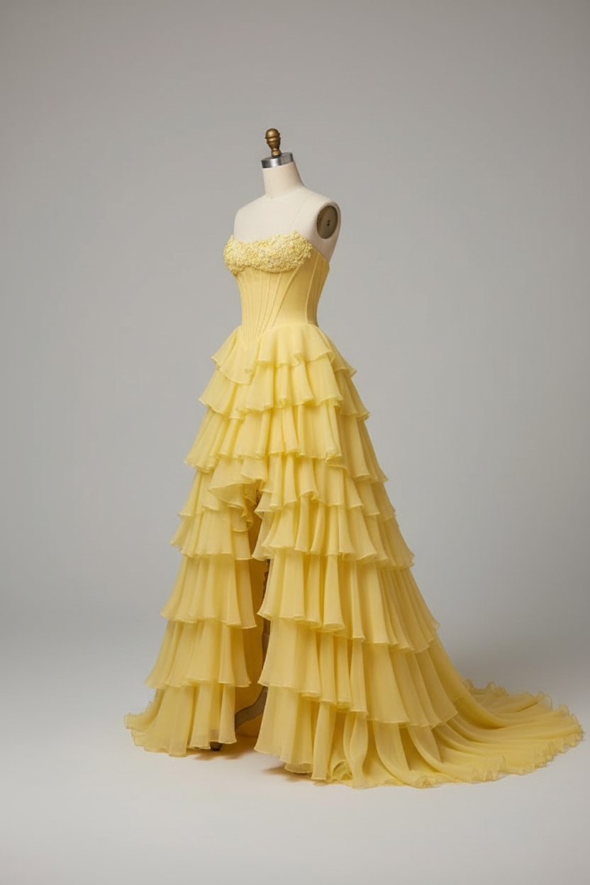Yellow tiered ruffle high-low ball gown - alternate side view