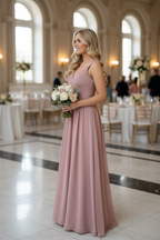 Dusty Rose Chiffon Pleated V-Neck A-Line Bridesmaid Dress - 20 Colors Available BMBRIDE