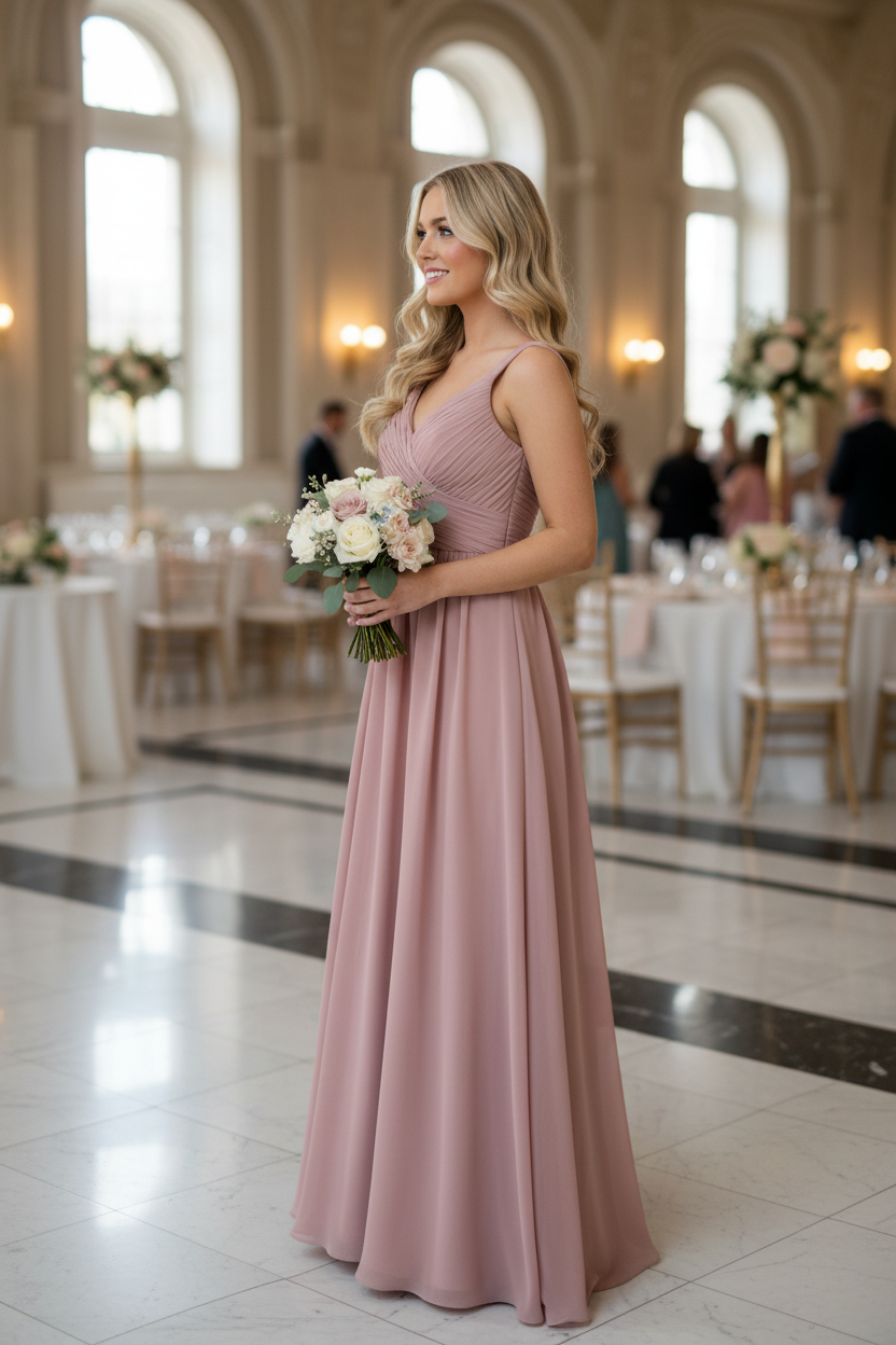 Dusty Rose Chiffon Pleated V-Neck A-Line Bridesmaid Dress - 20 Colors Available BMBRIDE