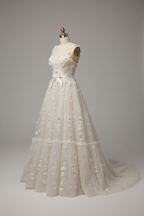White 3D floral A-line wedding dress - alternate side view