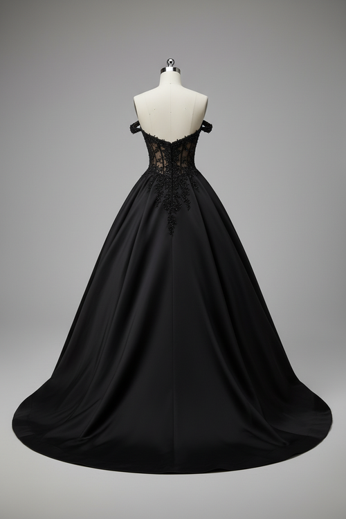 Black A-Line Ball Gown with Lace Bodice and Pockets BMBRIDE