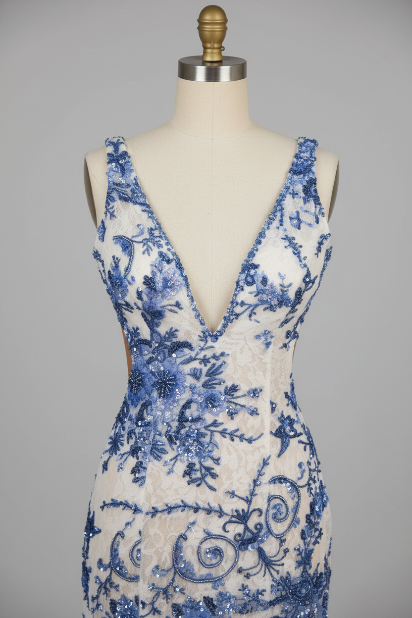 White Mermaid Prom Dress with Blue Floral Lace Embroidery and Cutout Waist BMBRIDE
