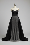 Black satin silver lattice beaded evening gown - front view