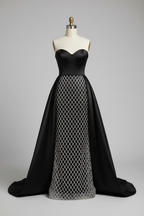 Black satin silver lattice beaded evening gown - front view