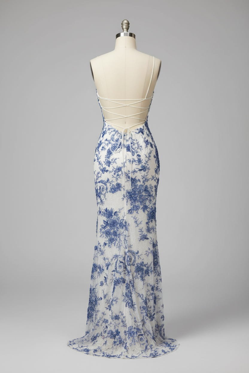 White Mermaid Prom Dress with Blue Floral Lace and Strappy Back BMBRIDE