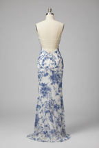 White Mermaid Prom Dress with Blue Floral Lace and Strappy Back BMBRIDE