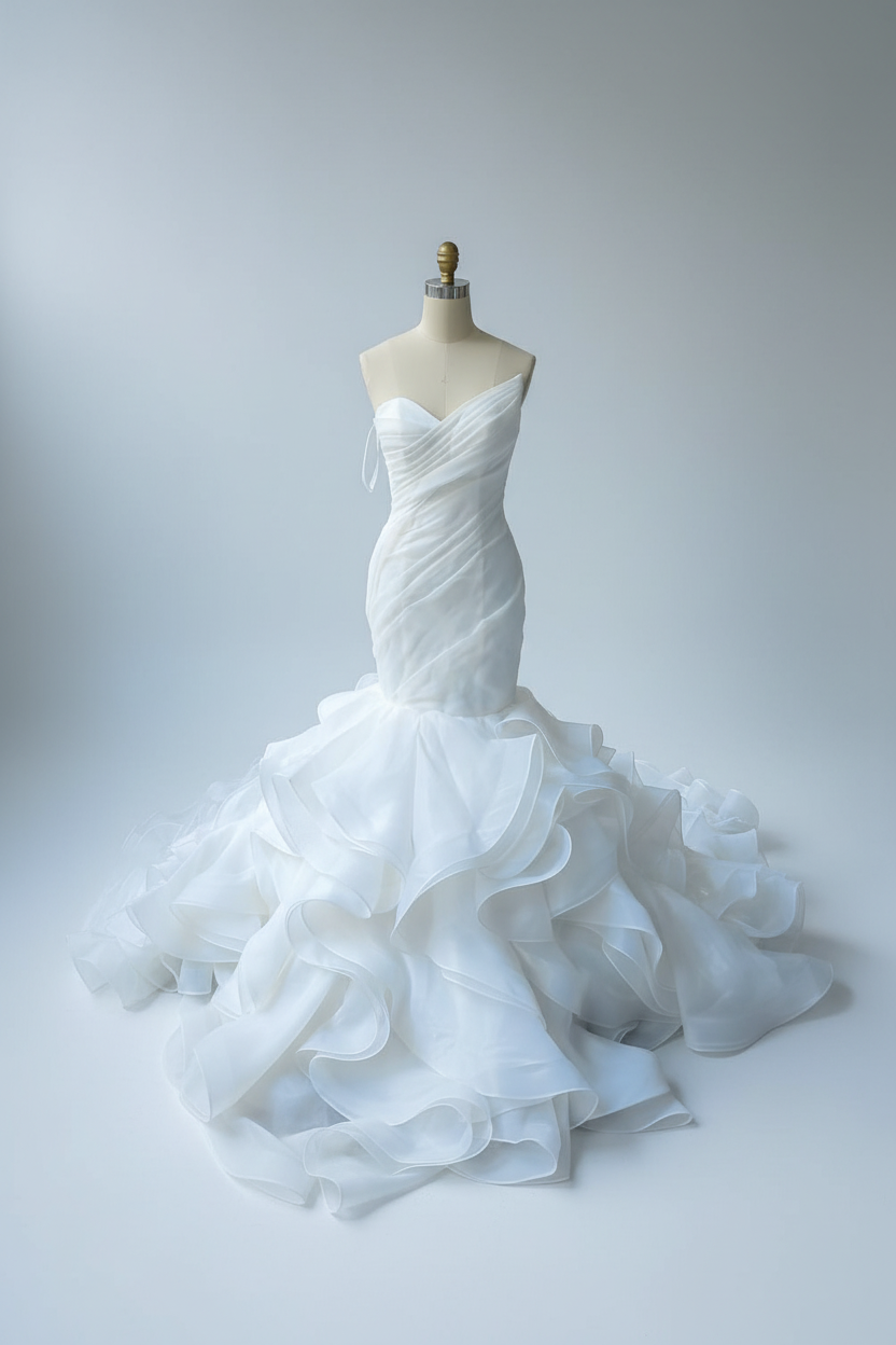 One-shoulder mermaid wedding dress with dramatic ruffled petals - front view