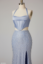 Light blue two-piece prom dress - beaded skirt detail