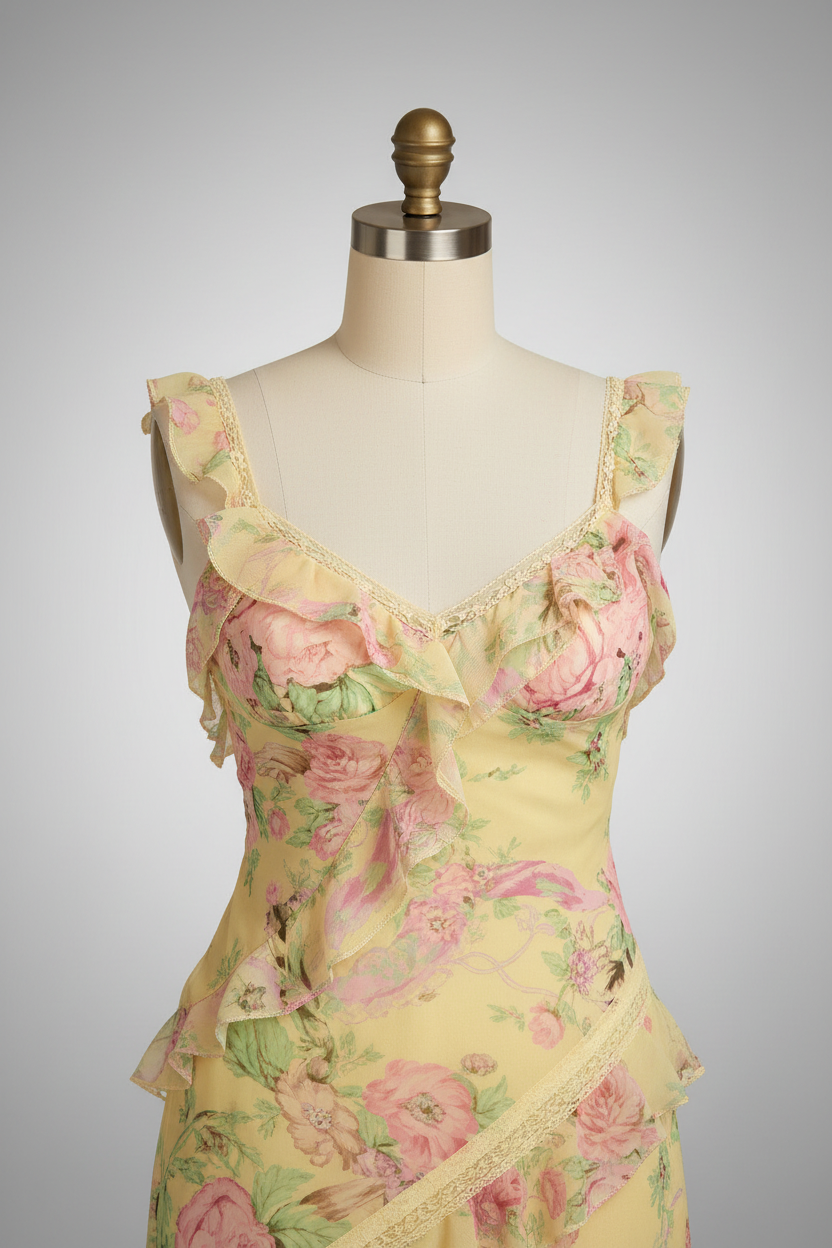Yellow floral print prom dress - bodice detail