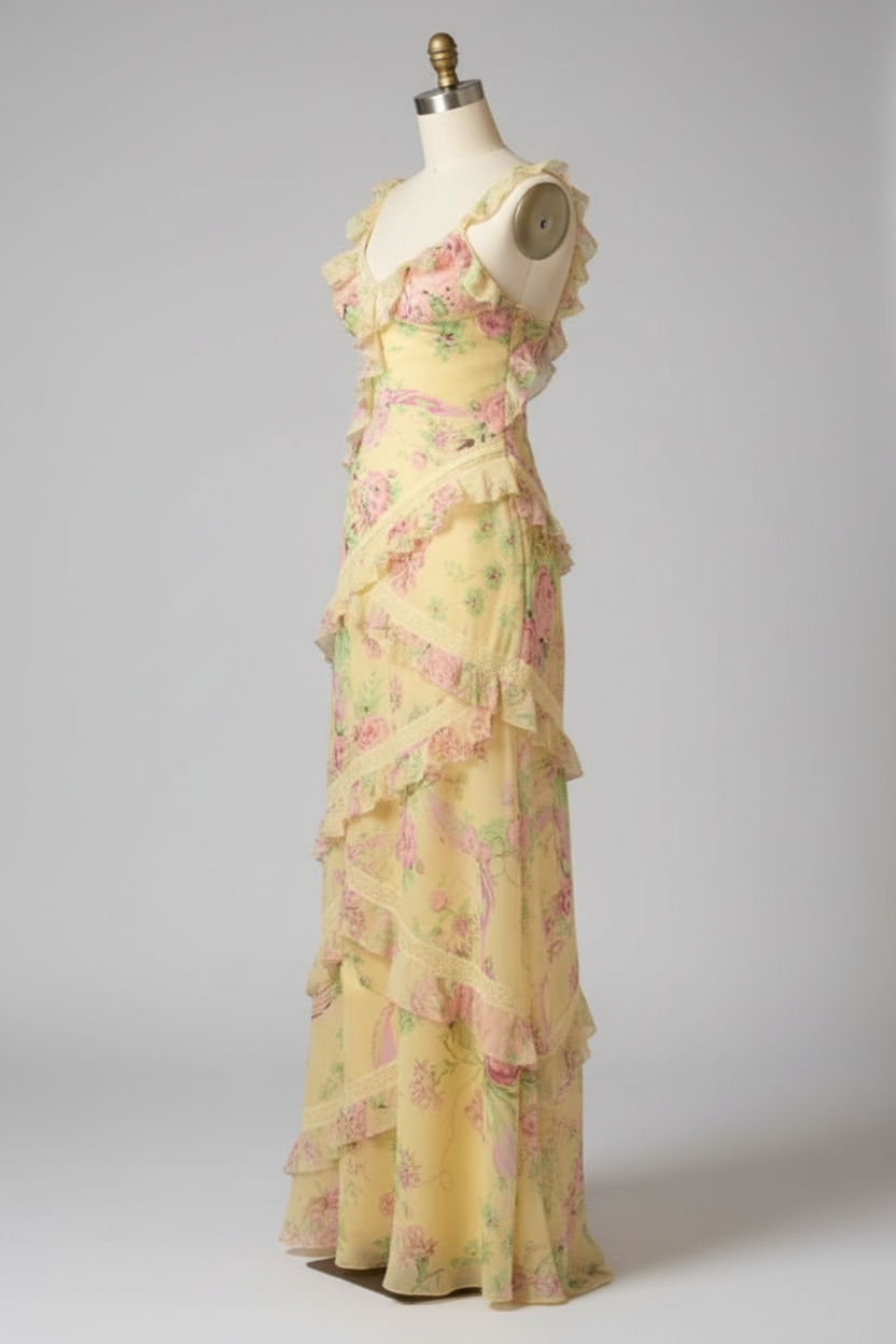 Yellow floral print tiered ruffle prom dress - alternate side view