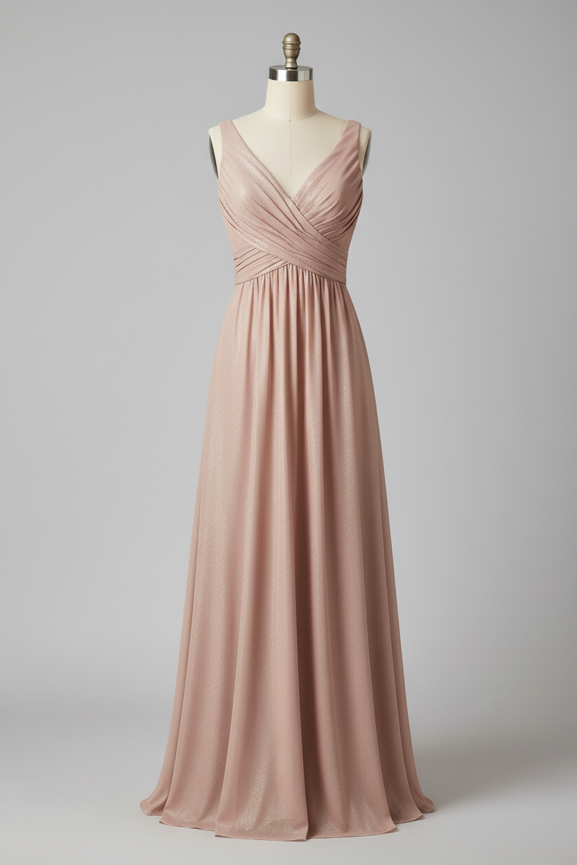 Dusty Rose Chiffon Pleated V-Neck A-Line Bridesmaid Dress - 20 Colors Available BMBRIDE
