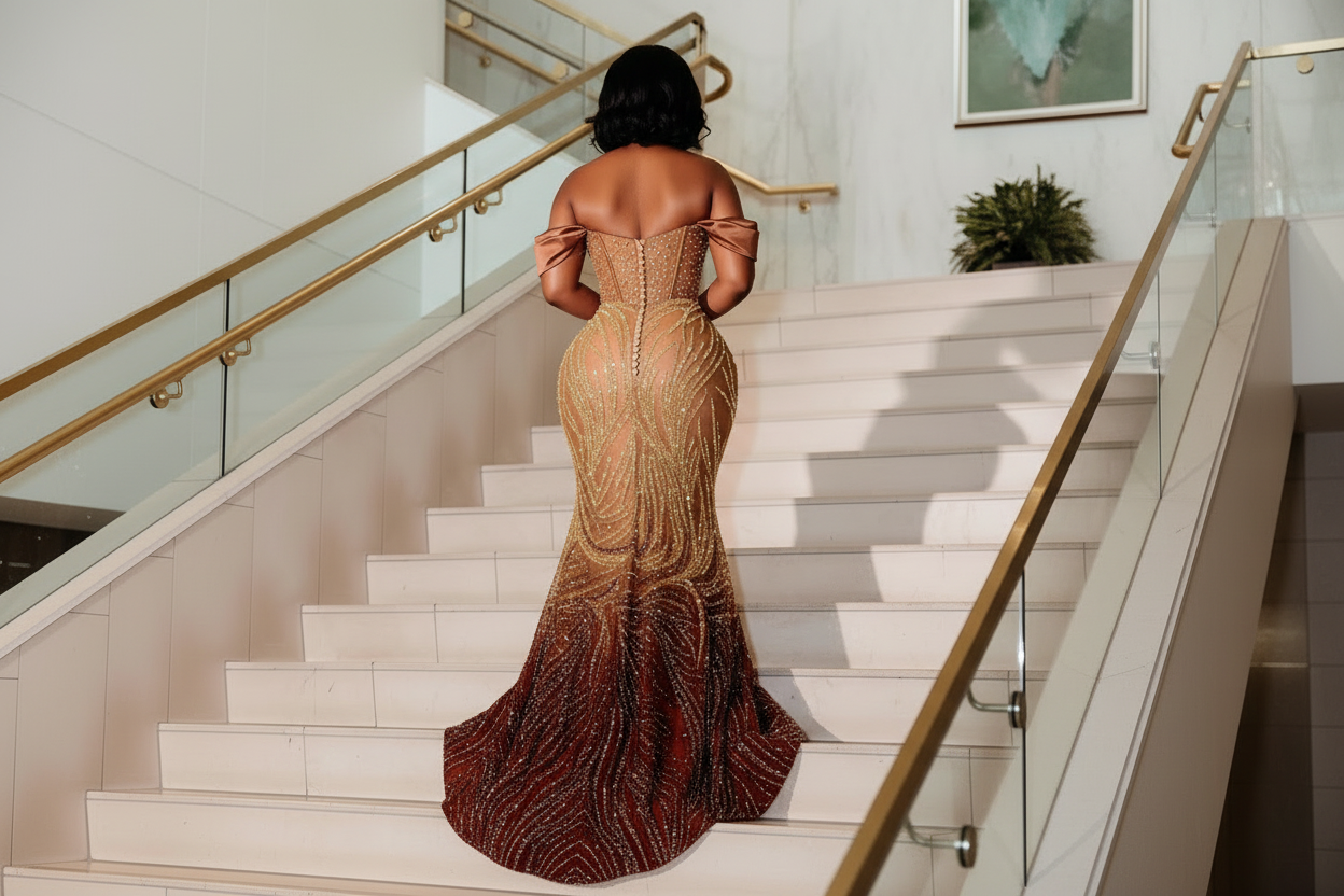 Golden Sunset - Ombre Beaded Mermaid Prom Dress with Feather Trim