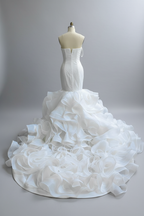 One-shoulder mermaid wedding dress with ruffled petals - back view