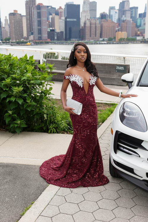 Burgundy - Beaded Mermaid Gown
