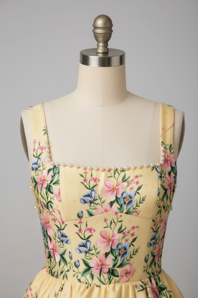 Yellow Floral Embroidered A-Line Ball Gown Prom Dress with Pearl Neckline and Open Back BMBRIDE