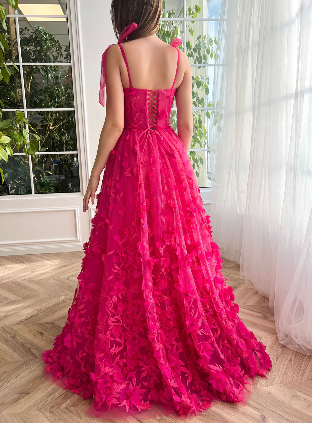 Graceful Fuchsia Elegant A-Line 3D Flower Lace Prom Dress With Slit BM bride