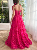 Graceful Fuchsia Elegant A-Line 3D Flower Lace Prom Dress With Slit BM bride