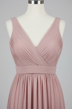 Dusty Rose Chiffon Pleated V-Neck A-Line Bridesmaid Dress - 20 Colors Available BMBRIDE