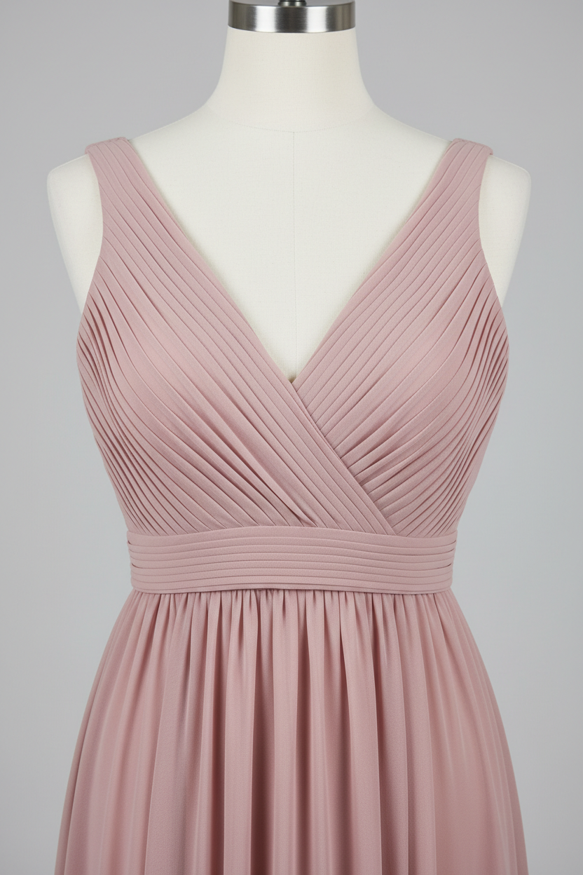 Dusty Rose Chiffon Pleated V-Neck A-Line Bridesmaid Dress - 20 Colors Available BMBRIDE