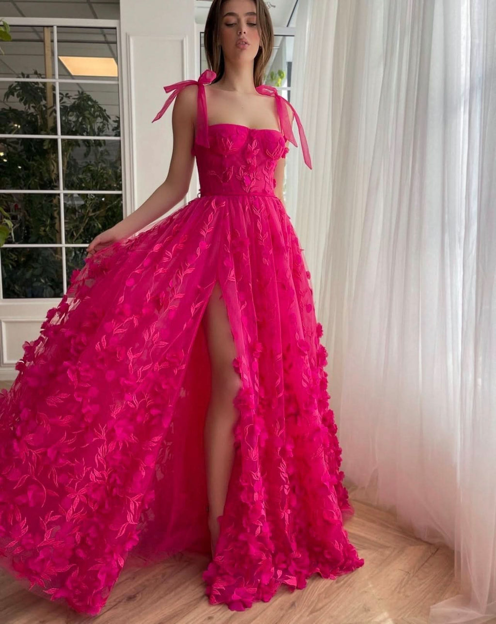 Graceful Fuchsia Elegant A-Line 3D Flower Lace Prom Dress With Slit BM bride