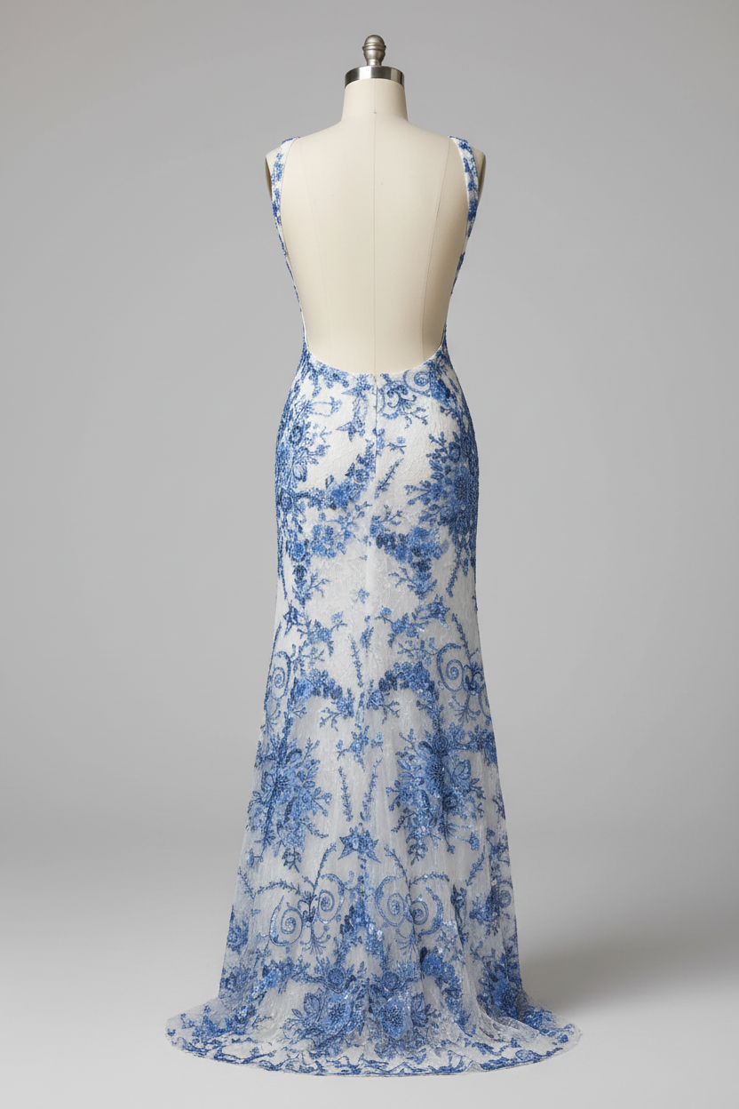 White Mermaid Prom Dress with Blue Floral Lace Embroidery and Cutout Waist BMBRIDE