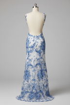 White Mermaid Prom Dress with Blue Floral Lace Embroidery and Cutout Waist BMBRIDE