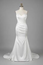 White satin strapless mermaid wedding dress - front view