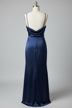 Navy Blue Satin Cowl Neck High Slit Sheath Bridesmaid Dress - 12 Colors Available BMBRIDE