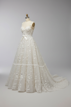 White 3D floral wedding dress - side view