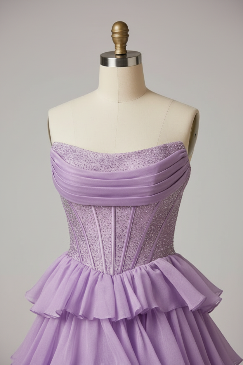 Lavender purple tiered ruffle ball gown - pleated bodice detail