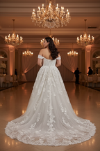 Bride wearing white lace off-shoulder A-line ball gown wedding dress - back