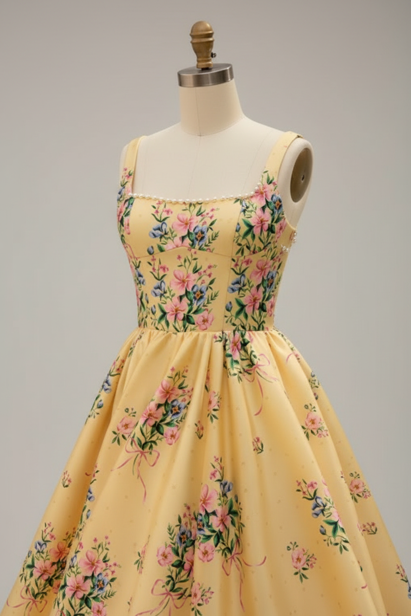Yellow Floral Embroidered A-Line Ball Gown Prom Dress with Pearl Neckline and Open Back BMBRIDE