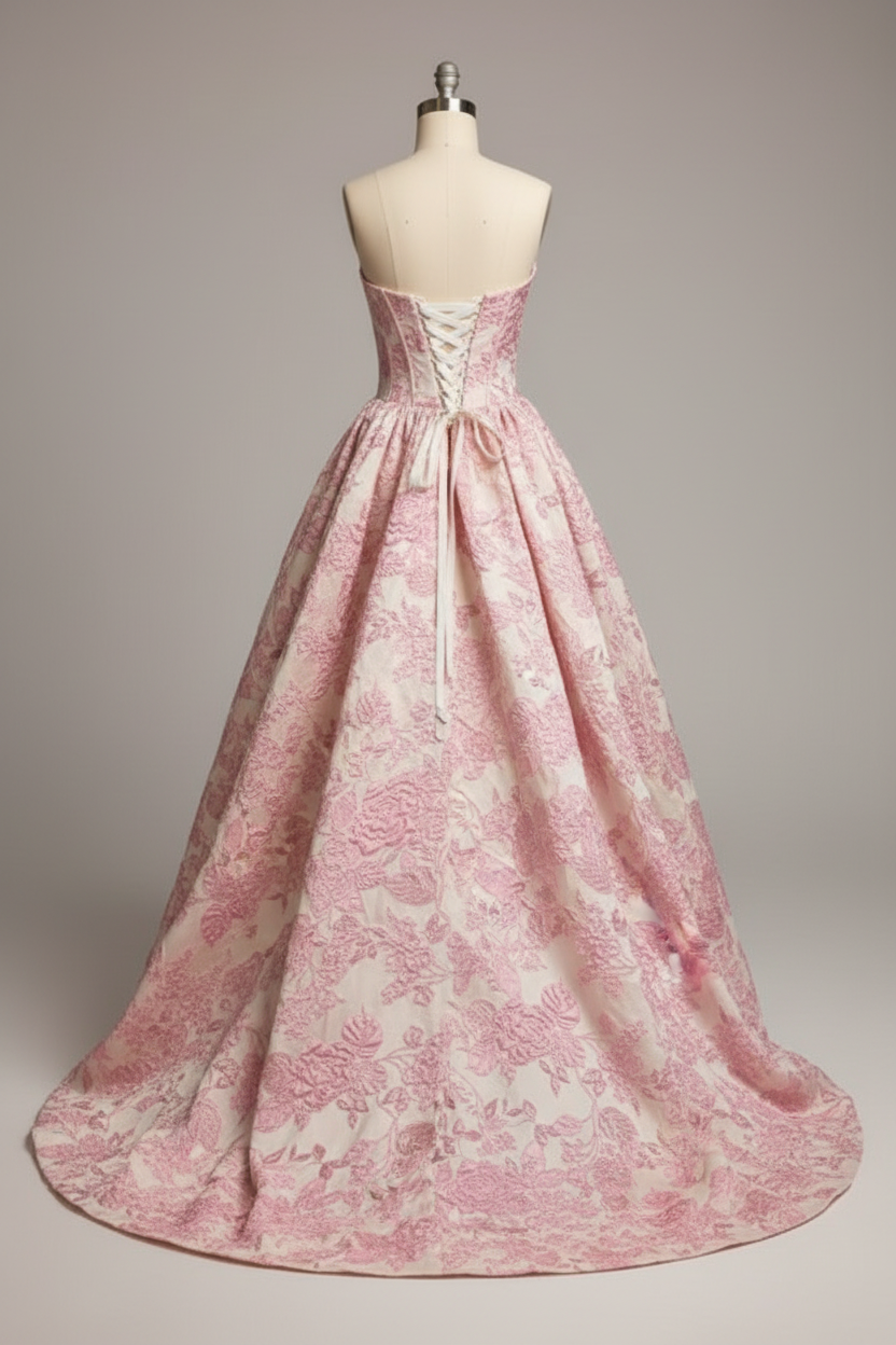 Pink floral embroidered ball gown - corset back view