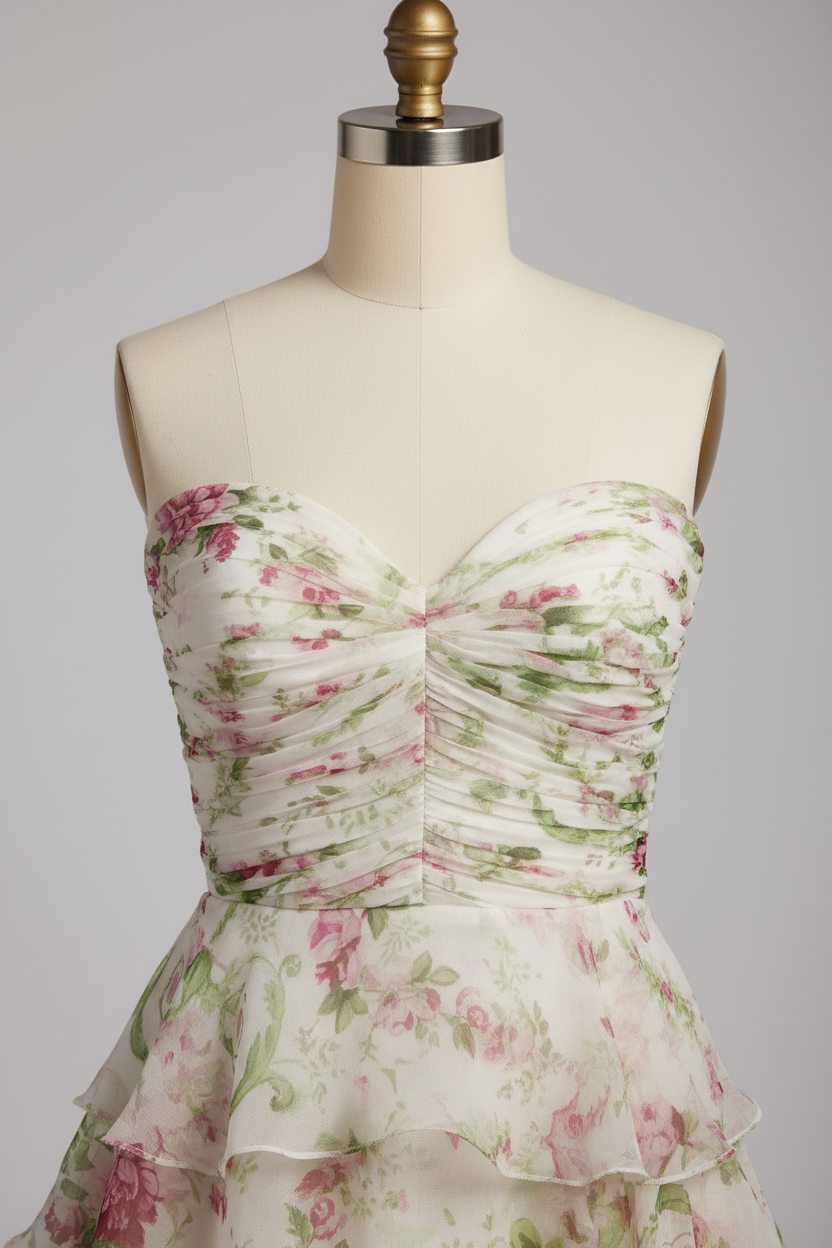 White floral print prom dress - bodice detail