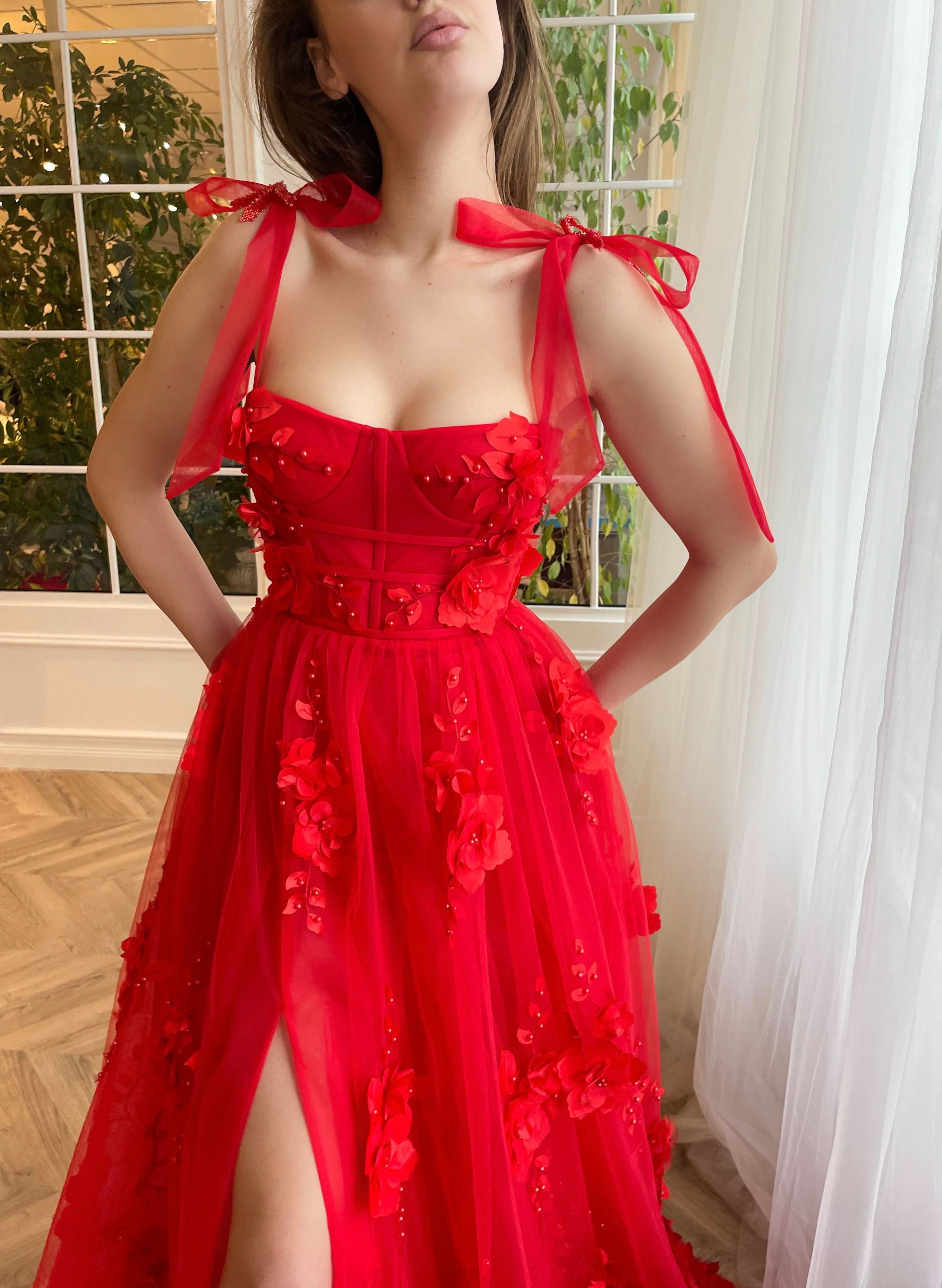 Captivating Scarlet Lace A-Line 3D Flower Long Prom Dress with Slit BM bride