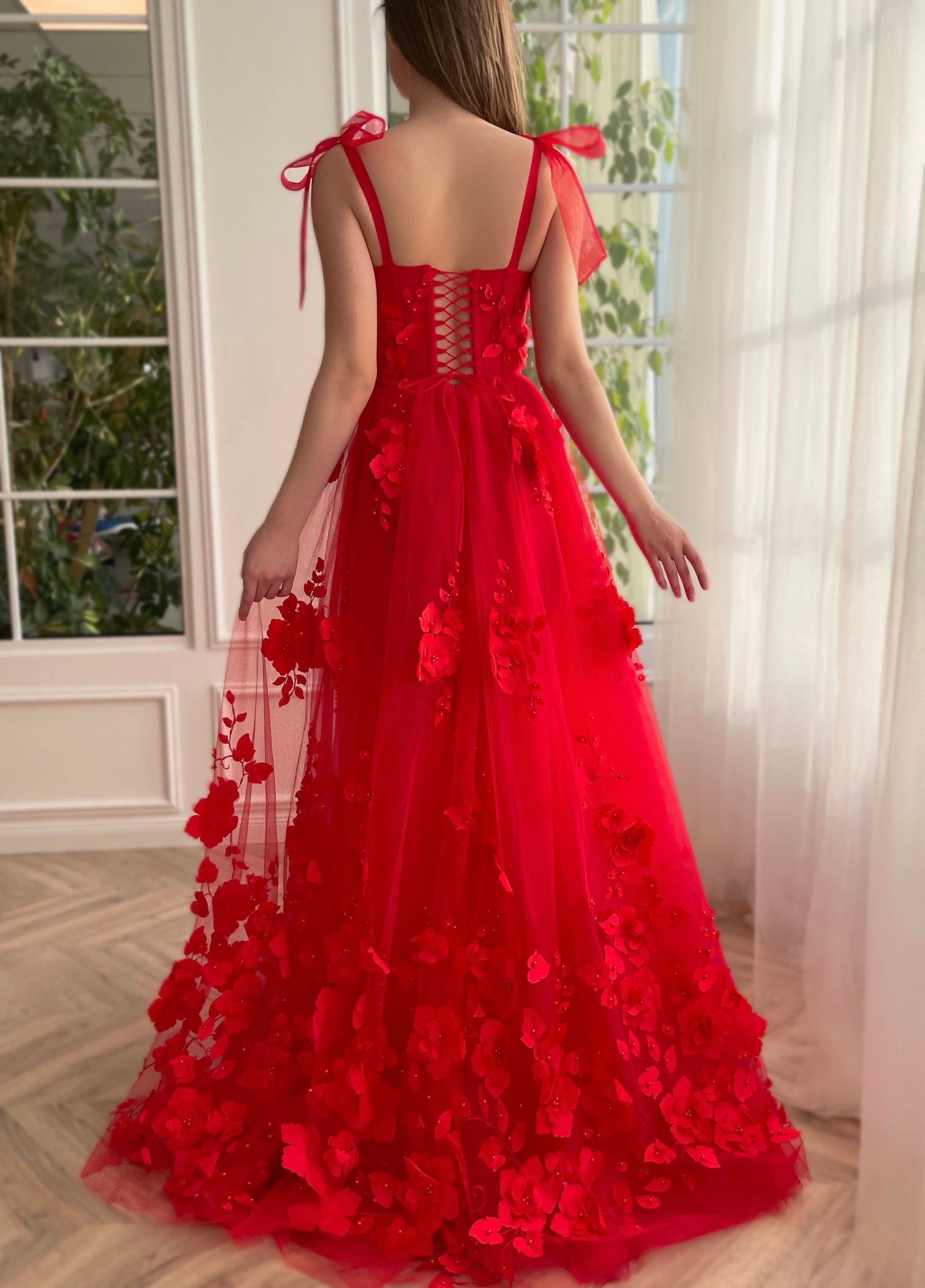 Captivating Scarlet Lace A-Line 3D Flower Long Prom Dress with Slit BM bride